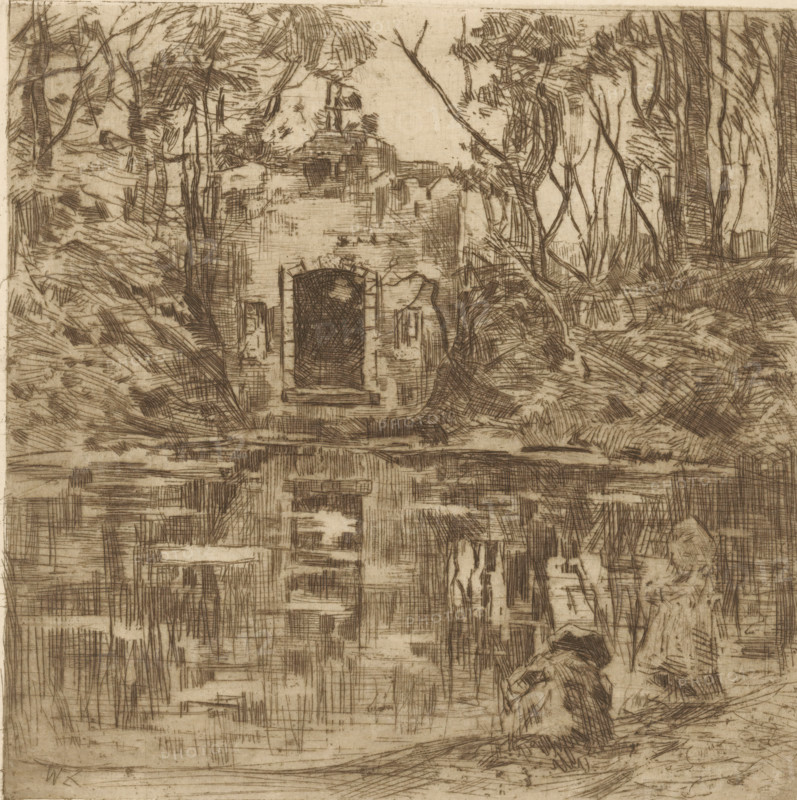 Ruins by a pond, print, printmaker: Willem de Zwart, c. 1896, paper, etching, drypoint, intaglio printmaking technique, height 151 mm x width 151 mm, landscape with ruins, pond, pool, Lage Vuursche, A sepia-toned etching showing a stone structure with an arched opening set among trees and foliage, rendered with short, hatched lines and crosshatching; trunks and branches rise on either side of the structure, tangled vegetation and textured ground surround it, and the lower half of the image includes reflected or repeated hatchwork patterns that echo the upper composition.