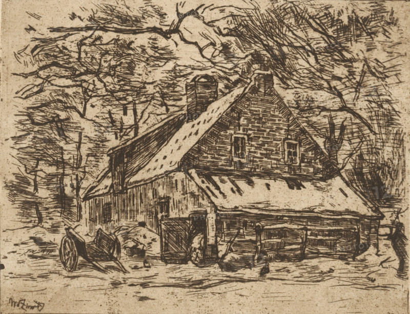 House in the woods, Farmhouse (Lage Vuursche) (original title), print, printmaker: Willem de Zwart (signed by artist), c. 1895 - c. 1896, paper, etching, intaglio printmaking technique, height 130 mm x width 161 mm, forest, wood, farm or solitary house in landscape, Lage Vuursche, A sketch of a house with a steep roof and two chimneys surrounded by leafless trees, rendered in dark, rough lines on a light textured background; the building shows vertical and horizontal line patterns on its walls, small rectangular windows, and a covered porch area with posts, while in front of the house there is a broken wooden wheel and scattered debris on the ground.