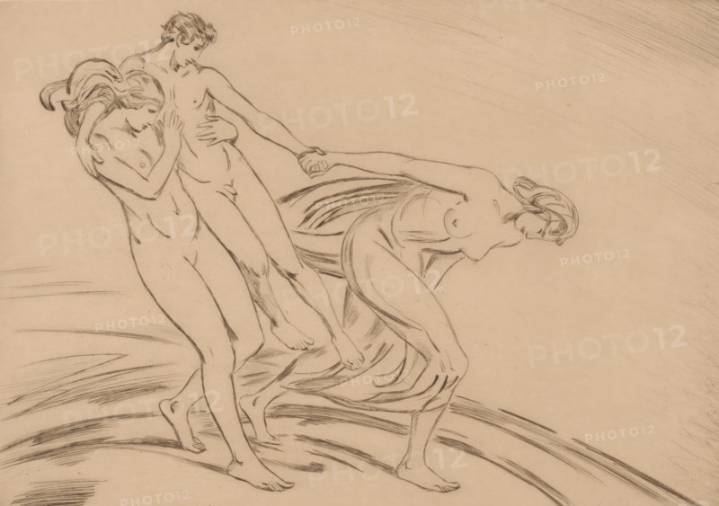 Two women kidnap a man, print, printmaker: Ludwig von Hofmann (signed by artist), 1871 - 1945, paper, drypoint, intaglio printmaking technique, height 198 mm x width 278 mm, abducting, (showing oneself) undressed, quasi-nude, A pencil sketch on a beige background showing three nude figures standing closely together with flowing hair and simple contour lines, two figures on the left leaning inward with one figure’s arm wrapped around the other and their heads bowed, a third figure on the right slightly bent forward holding the hand of the central figure, draped lines suggesting fabric around the right figure’s waist and sweeping curved sketch marks beneath their feet.