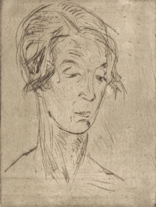 Head of a woman, print, printmaker: Wilhelm Lehmbruck (signed by artist), in or after 1919, paper, drypoint, intaglio printmaking technique, height 240 mm x width 178 mm, adult woman, anonymous historical person, A sepia-toned sketch of a person shown from the shoulders up with a long neck and an elongated face rendered in fine, dark lines on a textured background; the head is slightly tilted and the eyes are downcast with thin, arched brows and delicate eyelids, a slender nose, and a small, closed mouth with a subtle downturn at the corners; hair is loosely drawn, swept back and gathered with wispy strands framing the face and winding around the ear, with visible pencil-like strokes indicating hair texture and scalp lines; the neck shows long, directional hatch marks suggesting tendons and skin folds, and the shoulders are lightly sketched with minimal lines extending into the lower part of the image; the overall surface displays small marks, scratches, and faint smudges across the pa...