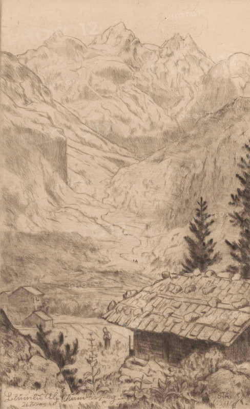 Mountain landscape, Blümlis Alp, print, printmaker: Hans Thoma, Karlsruhe (possibly), 1917, Baden-Württemberg, paper, drypoint, intaglio printmaking technique, height 293 mm x width 178 mm, mountains, landscapes (landscape with figures, staffage), A detailed pencil drawing of a mountainous landscape with rugged peaks and steep slopes filling the background, a narrow winding valley cutting through the center, a small rustic building with a shingled roof and scattered stones in the foreground on the right, tall conifer trees rising behind and beside the building, a path or cleared area leading into the valley where a solitary human figure stands near a simple fountain or basin, additional small structures partially visible at lower left, and foreground vegetation and rocky terrain framing the scene.