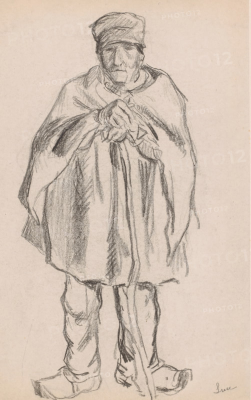 Standing man leaning on a staff, print, printmaker: Maximilien Luce (signed by artist), 1876 - 1941, paper, chine collé, lithography, height 320 mm x width 231 mm, height 478 x width 320, standing figure, head gear, walking stick, staff, A charcoal sketch on light paper shows a standing figure wearing a loose cape draped over the shoulders and a soft hat, the hands clasped together in front at chest height with simple, gestural lines defining the fingers; the face is rendered with rough shading and minimal detail, and the lower body shows relaxed trousers and shoes with visible creases and folds, while vertical strokes suggest drapery and shadow along the cape and legs.