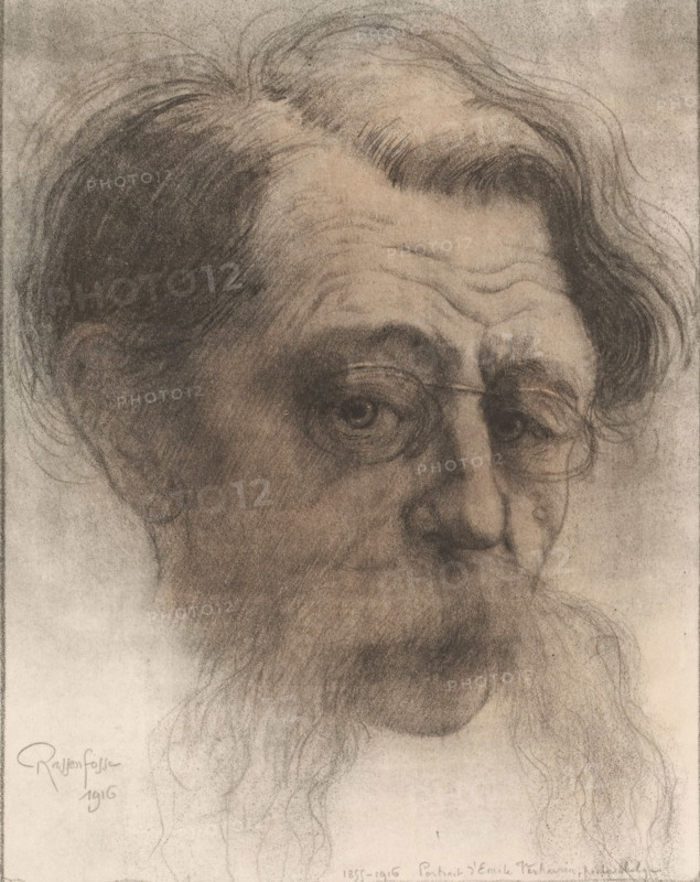 Portrait of Emile Verhaeren, print, printmaker: Armand Rassenfosse (signed by artist), 1916, paper, soft-ground etching, aquatint, hand coloring, vernis mou and aquatint, hand-colored, height 282 mm x width 237 mm, Person, Emile Verhaeren, historical persons, adult man, eyeglasses, spectacles, A close-up charcoal or pencil drawing of an older person's face showing detailed hair, forehead wrinkles, deep-set eyes behind round spectacles, a long nose, and a flowing beard. The hair is swept back with wispy strands and darker shaded areas, and the beard and mustache are rendered with fine, soft lines. The complexion is shaded with smudged tones creating contours around the eyes, cheeks, and mouth, and the overall image has a softly textured, muted background.