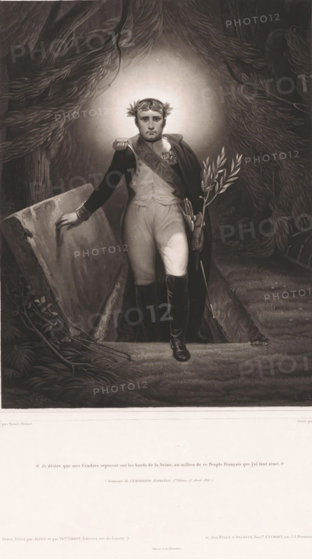 Napoleon Bonaparte rises from his grave, print, printmaker: Jean Pierre Marie Jazet, after painting by Horace Vernet, Paris, publisher: Th. Vibert, publisher: Bulla & François Delarue, Joseph, 1821 - 1871, paper, aquatint, height 521 mm x width 433 mm, Person, Napoleon I (Emperor of the French), historical persons, apotheosis of a ruler, zombie, A full-length monochrome portrait of a man standing on a stone ledge surrounded by dense foliage, wearing a military-style coat with epaulettes, a sash across his chest, fitted trousers, and tall boots; he has a laurel wreath on his head and a solemn facial expression, one hand resting on a large stone slab and the other holding a branch with leaves and a sheathed sword at his side, with a halo-like glow behind his head and heavy tree branches framing the scene.
