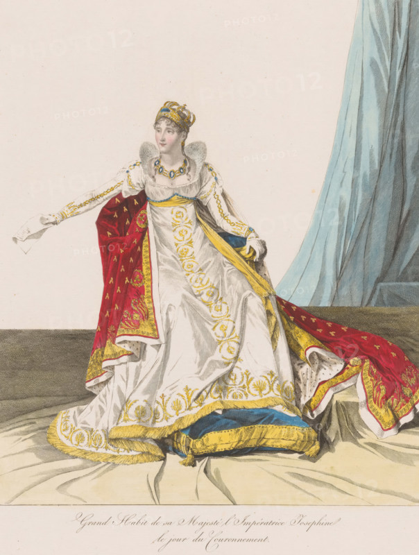 Portrait of Josephine, Grand Habit de sa Majesté l'Impératrice Josephine le jour du Couronnement, print, printmaker: Jean Louis Charles Pauquet, after design by Jean Baptiste Isabey, publisher: Jean Louis Charles Pauquet, Paris, 1804 - 1824, Jean Louis Charles Pauquet, Jean Baptiste Isabey, printmaker, after design by, publisher, paper, etching, hand coloring, etching hand-colored in red, yellow and blue, height 384 mm x width 276 mm, Person, Joséphine de Beauharnais, historical persons, emperor - BB - female ruler, Coronation of Napoleon as emperor, A seated woman wearing an ornate crown and a white dress with gold embroidered patterns and fur trim is shown holding a folded piece of paper in one gloved hand and a red velvet robe lined with gold and patterned with small motifs drapes over her shoulders and around her; she wears a jeweled necklace and earrings, and a yellow sash across her waist, while a pale blue drapery hangs behind her and patterned cushions lie beneath the train of ...
