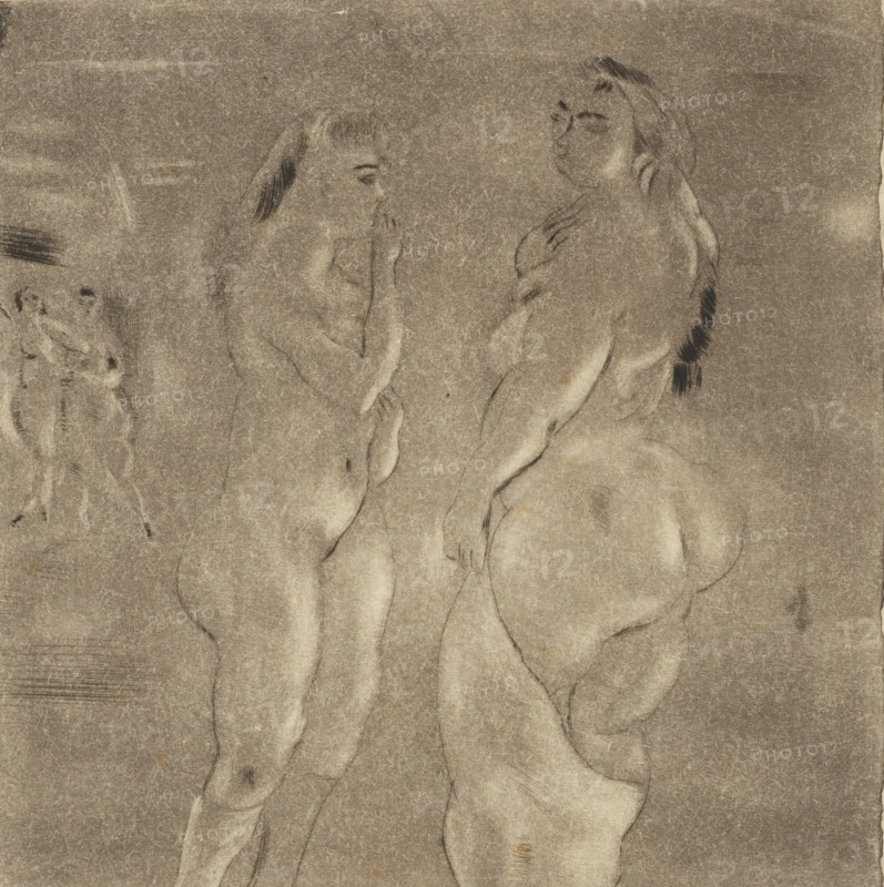Á Lesbos (original title on object), print, Two standing naked women. Two more women can be seen in the background on the left., annotation: 'known this etching only', printmaker: Jules Pascin (signed by artist), 1895 - 1930, paper, etching, aquatint, height 179 mm x width 180 mm, woman (showing herself) undressed, quasi-nude, A charcoal or pencil sketch on textured paper depicting two nude figures facing each other, one on the left with a hand raised toward their face and hair falling along the side of the head, and one on the right with a hand resting near the chest and hair drawn in darker strokes along the back; faint additional figure outlines appear toward the left edge, and the drawing shows soft shading and contour lines emphasizing the torsos, hips, and limbs against a mottled background.