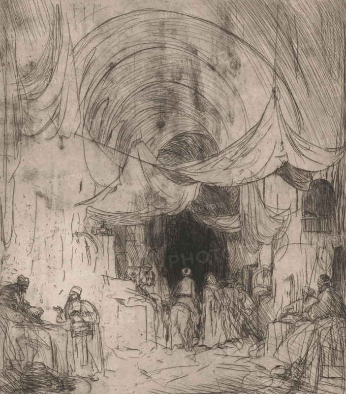 Turkish bazaar with stretched sails, print, printmaker: Marius Bauer (signed by artist), 1892, paper, etching, intaglio printmaking technique, height 395 mm x width 348 mm, market-hall, head-gear, persons engaged in trade and commerce, A large arching tunnel or cavern dominates the scene, rendered with concentric curved lines and shading, with draped cloths or awnings hanging from its entrance and sides; beneath and around the opening are groups of small human figures depicted in simple line work, some seated and some standing or walking, wearing flowing garments and head coverings, with a few figures mounted on animals; the foreground shows rough ground with scattered rocks and sketched vegetation, while the sides of the composition feature vertical striations and additional draped fabric, all drawn in fine, sketchy ink lines on a textured, aged paper background.