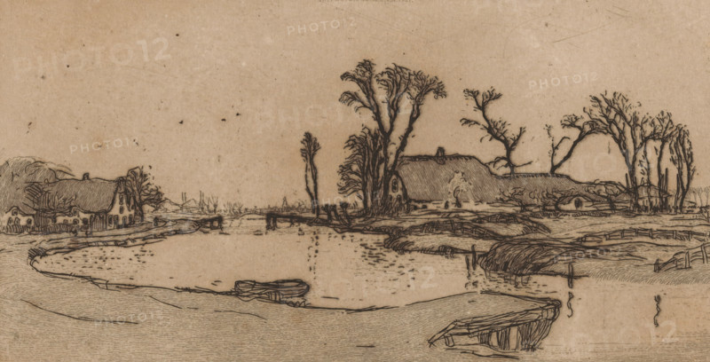Farms along the Rijpwetering in South Holland, South Holland canal (original title), print, In the foreground a jetty., printmaker: Wijnand Otto Jan Nieuwenkamp (signed by artist), 1901, paper, zinc etching, intaglio printmaking technique, etching with plate tone on zinc, proof print, height 136 mm x width 226 mm, farm (building), canals, waters (in village), Rijpwetering, A sepia-toned landscape sketch showing a calm river curving through the scene with a small rowboat resting near the near bank, low grassy islands and reeds along the water, and simple wooden fences. On the far bank there are thatched-roof cottages and farm buildings with visible door and window outlines, clustered among leafless and sparsely leaved trees of varying heights. Tall, bare trunks and delicate branches rise above the buildings, and a few trees stand isolated near the water. A narrow bridge spans the river in the midground, and faint ripples and reflections appear on the water surface. The sky is empty and ...