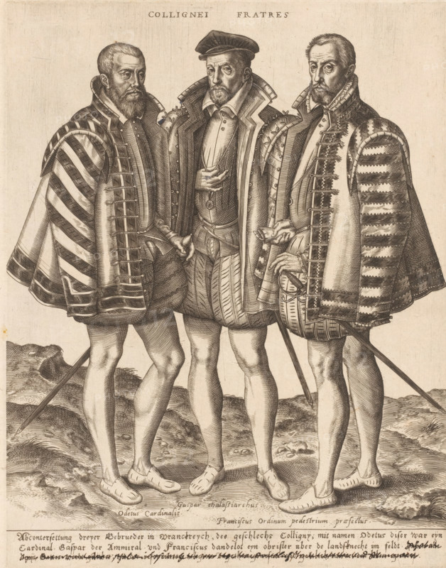 Collignei fratres, Portrait of the Coligny brothers, print, inscription: '...', printmaker: Wierix, after print by Marc Duval (attributed to), France, 1579, Marc Duval, after print by, Attributed to, paper, engraving, intaglio printmaking technique, height 261 mm x width 204 mm, Person, François de Coligny, Odet de Coligny, historical persons, Three men stand closely together in period clothing, each wearing ornate doublets with puffed sleeves and short breeches, capes draped over their shoulders, and shoes with rounded toes. The man on the left has a beard and short hair, a striped patterned cape, and holds a sword at his side. The central man wears a flat cap, a high-collared coat with decorative stitching, and holds one hand near his chest while the other rests at his waist. The man on the right has a trimmed beard, a patterned striped cape with decorative edges, and his hand rests on a sword hilt while the other holds a circular object at his side. The ground beneath them is rocky ...