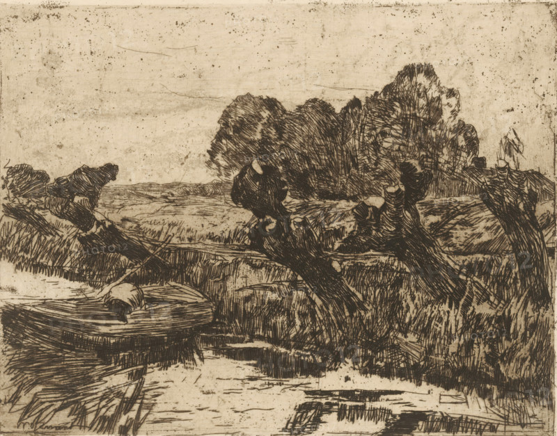 Willows by a ditch (original title), print, printmaker: Willem de Zwart, c. 1885, paper, etching, drypoint, intaglio printmaking technique, height 143 mm x width 183 mm, rowing-boat, canoe, trees: willow, small canal, ditch, A sepia-toned etching showing a riverside scene with a small boat in the foreground, a round object resting in the boat, and rippled water beneath. Knotted, gnarled tree trunks and thick branches extend across the middle ground with dense, textured foliage behind them. Tall grasses and reeds cluster along the water’s edge, and a low, flat landscape stretches into the distance under a wide, lightly speckled sky. The composition is rendered with fine, crosshatched lines and areas of darker ink creating contrast between the trees, vegetation, and water.