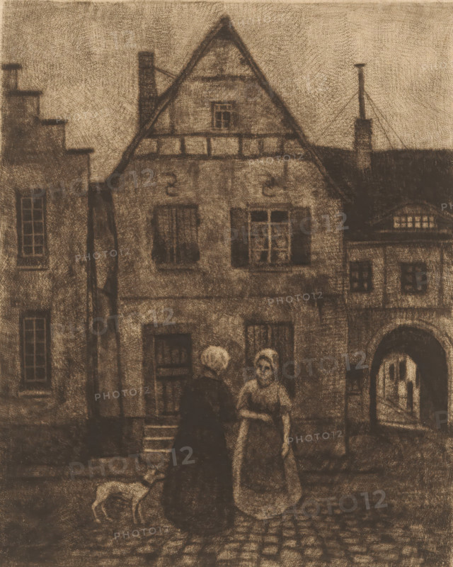 Two women on the street, print, title: 'Alter, ', printmaker: Werner Vogel, 1899 - 1949, paper, mezzotint, height 244 mm x width 196 mm, city-view in general, 'veduta', street, A sketchy scene showing the facades of old buildings with steep gabled roofs and multiple windows, rendered in dark charcoal tones on a light background; two women stand in the foreground on a cobbled street facing each other, one wearing a dark dress and the other a lighter dress with an apron, and a small dog stands nearby; architectural details include shutters, a doorway with a small set of steps, an arched passageway, chimneys with supporting wires, and a rectangular window set into the roof.