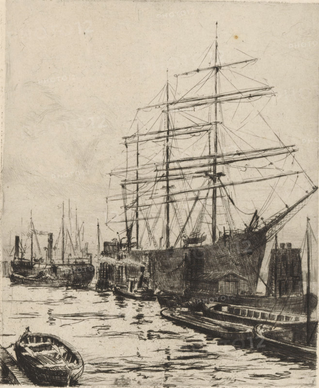 At the port, print, signature, printmaker: A. Schütz (signed by artist), 1850 - 1949, paper, etching, intaglio printmaking technique, height 143 mm x width 120 mm, harbor, A detailed black and white sketch of a harbor scene showing several docked sailing ships with tall masts and complex rigging, a large ship prominently placed on the right with its hull and multiple yards visible, smaller boats and rowboats floating in the foreground water, wooden piers and pilings extending into the water near the ships, reflections and ripples on the water surface, and faint cloud-like pencil shading in the sky.