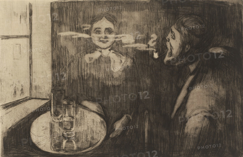 Woman and pipe-smoking man at a table, Tête-à-Tête (original title), print, The man in the print is the Norwegian painter Karl Jensen-Hjell., printmaker: Edvard Munch, 1894, paper, etching, drypoint, intaglio printmaking technique, height 220 mm x width 328 mm, Person, Karl Jensen-Hjell, historical persons, adult woman, pipe, tobacco, A monochrome etching showing an interior with a window on the left and a round tabletop in the lower left holding a group of cylindrical glasses; to the right a seated figure in profile with a mustache and beard leans forward with an open mouth exhaling a cloud of smoke that forms a floating, smiling female face; the background is filled with dense vertical and diagonal hatch marks and crosshatching, and the scene is rendered in varied thin and thick lines with areas of darker shading and lighter, scratched textures.