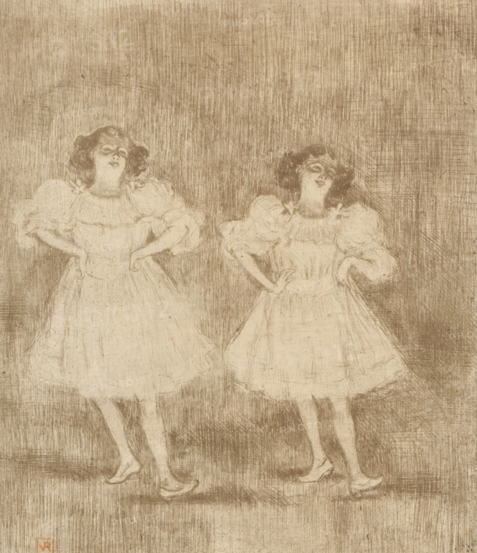 Two dancing young women with hands on hips, print, inscription: 'VR', inscription: 'Ep. no 6', printmaker: Theo Van Rysselberghe, 1872 - 1926, paper, etching, intaglio printmaking technique, drypoint, height 216 mm x width 190 mm, dancing, adolescent, young woman, maiden (two persons), A monochrome sketch shows two young women standing side by side, each wearing a short, puff-sleeved dress with a fitted bodice and full skirt, hands resting on their hips, hair styled in short, wavy bobs framing their faces, faces turned slightly toward the viewer with closed eyes and subtle smiles, legs visible beneath the skirts ending in low-heeled shoes, the figures rendered with fine crosshatched lines against a densely hatched background that fills the upper portion of the image.