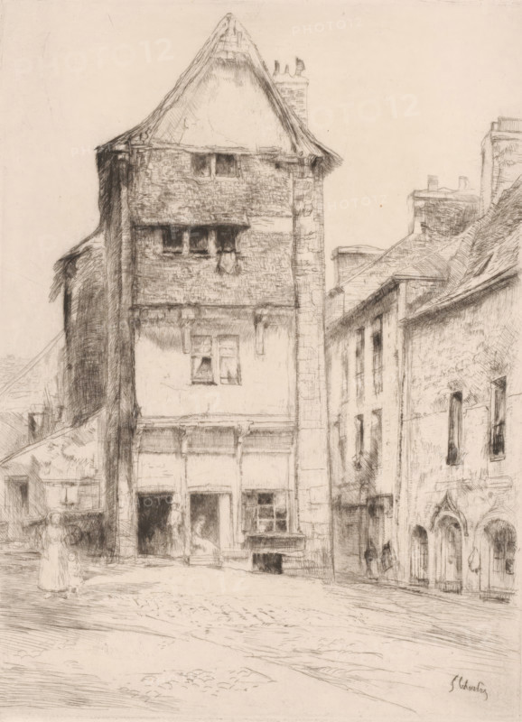 View of a square in Paimpol, La petite place à Paimpol, print, printmaker: Gustave Leheutre (signed by artist), publisher: Edmond Sagot, Paris, 1909 - 1913, paper, etching, engraving, drypoint, intaglio printmaking technique, height 241 mm x width 180 mm, village square, Place, Paimpol, A narrow street scene rendered in fine pencil or etching lines shows a tall, old building with a steeply pitched roof and textured masonry facade, flanked by adjacent buildings with varied rooflines and chimneys; the central building has small windows on its upper floors and larger openings at street level, where a few indistinct figures stand or sit near the doorways, while other faint figures appear along the sidewalk and in the distance; the cobbled street in the foreground leads past the buildings and shows subtle shading and marks suggesting worn surfaces, and the overall image is composed of delicate crosshatching and soft tonal variations.