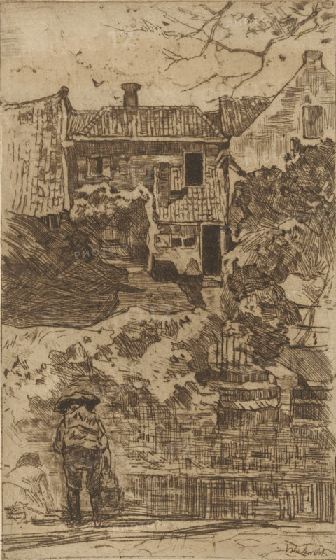 Playing children by the water (original title), print, printmaker: Willem de Zwart, c. 1895 - c. 1896, paper, etching, drypoint, intaglio printmaking technique, height 217 mm x width 133 mm, children's games and plays, pond, pool, civic architecture, edifices, dwellings, A sepia-toned etching depicting a narrow street or alley flanked by densely textured buildings and foliage, showing rooftops with tiles and chimneys, a multi-story house with visible windows and an open doorway, and layered stone or brickwork; a figure seen from behind stands in the foreground wearing a hat and loose clothing, facing toward the buildings, while various crosshatched shadows and scribbled lines form bushes, steps, and uneven ground, and bare tree branches stretch across the upper area of the scene.