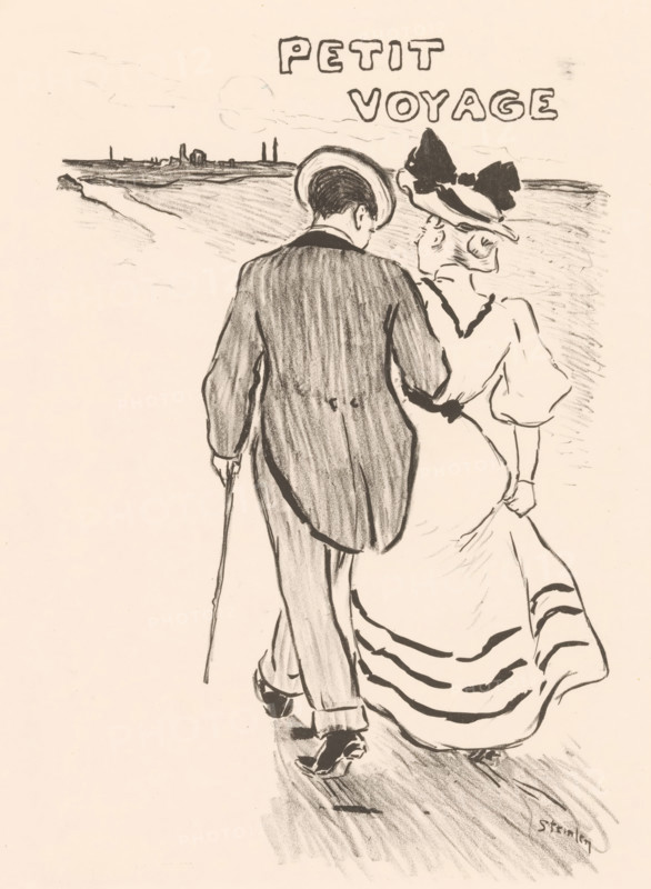 Petit voyage, print, printmaker: Théophile Alexandre Steinlen, publisher: Georges Ondet, Paris, 1894, paper, lithography, height 354 mm x width 270 mm, head gear, walking stick, staff, fashion, clothing, A charcoal-style drawing of a man and a woman seen from behind as they walk on a shoreline, the man wearing a suit jacket, trousers, shoes, and a hat and holding a cane, the woman wearing a long dress with horizontal dark bands near the hem and a hat with a large bow, their arms linked, a distant low-lying town and horizon sketched in the background, and textured sand and footprints beneath their feet.