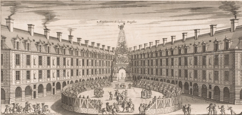View of the amphitheater on the Place Dauphine in Paris, Amphiteatre de laplace Daufine, print, book illustration, printmaker: Jean Marot (I), 1662, paper, etching, height 182 mm x width 380 mm, Print used for: Tronçon, Jean. Entrée triumphante de leurs Majestez Louis, A wide courtyard enclosed on three sides by tall, uniform buildings with mansard roofs, dormer windows, and multiple chimneys emitting plumes of smoke, with rows of arched openings at the ground level and regularly spaced rectangular windows above; at the far end of the courtyard stands a tall, ornate obelisk-like monument with sculptural reliefs and a large arched gateway at its base, through which a statue is visible; in the circular central area a wooden barrier surrounds a performance or gathering space where many people are seated along the barrier and others stand or ride horses inside the enclosure, with small groups of figures conversing or gesturing on the paved area and additional riders and pedestrians outside...