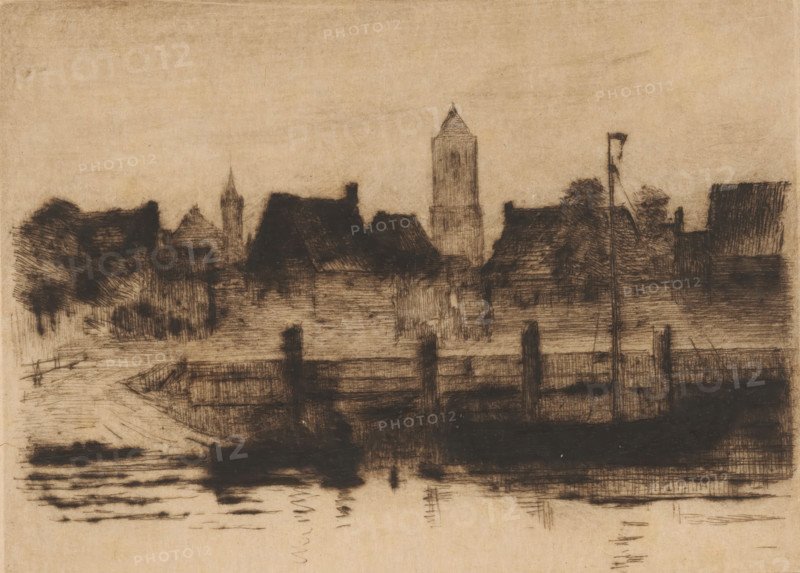 Tholen at evening, Tholen (original title), Schetsen in Holland (original series title), print, In the foreground a quay. In the background the tower of the Grote or Onze-Lieve-Vrouwekerk., printmaker: Carel Nicolaas Storm van 's-Gravesande (signed by artist), Netherlands, c. 1884, Carel Nicolaas Storm van 's-Gravesande, paper, drypoint, intaglio printmaking technique, height 140 mm x width 191 mm, This is the tenth print from a series of twelve., city-view in general, 'veduta', parts of church exterior and annexes: tower, evening, Onze-Lieve-Vrouwekerk (Tholen), A sepia-toned sketch of a waterfront scene showing dark, shadowy building silhouettes with pitched roofs and a taller tower rising among them, a flagpole with a small ragged flag near a cluster of trees, a wooden pier or fence extending into calm water that reflects horizontal strokes and smudges, and textured sky above with soft shading.