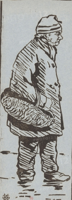Old man with basket, print, printmaker: Henri Charles Guérard (signed by artist), 1856 - 1897, paper, woodcut, woodcut on blue paper, height 468 mm x width 176 mm, old man, carrying something in basket, bag, rucksack, A tall, narrow black ink drawing of a standing person in profile facing right, wearing a striped beanie and a long, heavy coat with visible folds and diagonal shading lines; the figure holds a large, textured bundle or sack at waist level, with the coat collar turned up and buttons visible on the front; the lower garment shows pronounced folds and diagonal hatching, and the shoes are simple with shaded soles; the background is plain with a light, slightly textured tone and a few short horizontal marks at the feet.
