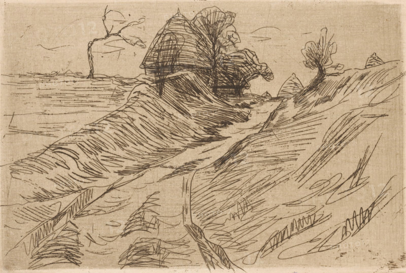 Country road, print, printmaker: Maurits van der Valk (signed by artist), 1867 - 1935, paper, etching, intaglio printmaking technique, height 120 mm x width 178 mm, road, path, A sepia-toned sketch of a coastal scene with a narrow winding path flanked by sloping dunes and rough textured grasses. In the midground a cluster of thatched roofs and a large tree with dense, scribbled foliage sits near the shoreline. The horizon shows a calm sea with horizontal sketch lines and a distant, low-lying bank. Sparse, leafed trees and small rounded mounds appear on the distant headland. The drawing consists of expressive, crosshatched ink lines on a textured paper background.