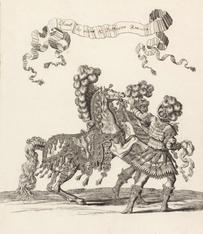 Cheval de mains & Palfreniers Romains, Two palfreniers with horse in Roman costume, print, book illustration, inscription, printmaker: François Chauveau, France, publisher: Charles Perrault, Paris, 1670, paper, etching, proof for letter, height 304 mm x width 262 mm, An engraved scene shows a richly caparisoned horse with an ornate saddle cloth decorated with patterns, tassels, medallions, and a stylized bird motif, its mane and tail depicted in voluminous, curled locks; two armored figures stand beside the horse wearing layered, decorated armor and plumed helmets, one holding the horse's reins while the other gestures with a cloth, both garments featuring scalloped hems, straps, and ornamental fastenings; above them a long ribbon with pleated sections and tasseled ends undulates across the upper area of the image, and the ground beneath is rendered with lined texture.