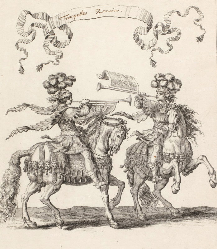 Trumpeters on horseback in Roman costume, Trompettes romains, print, book illustration, inscription, printmaker: François Chauveau, France, publisher: Charles Perrault, Paris, 1670, paper, etching, proof for letter, height 311 mm x width 265 mm, A detailed black and white engraving shows two richly dressed riders on horseback facing each other while blowing long trumpets, each rider wearing ornate armor and plumed headpieces with voluminous curls, flowing ribbons and decorative sashes extending behind them; the horses are elaborately caparisoned with patterned cloths, tassels and decorative masks, their manes and tails rendered with fine lines, and both animals are depicted mid-stride on a textured ground; above the riders a large ribbon-like banner with curled ends and hanging tassels arches across the top, and one trumpet carries a small cloth standard with an emblematic design.