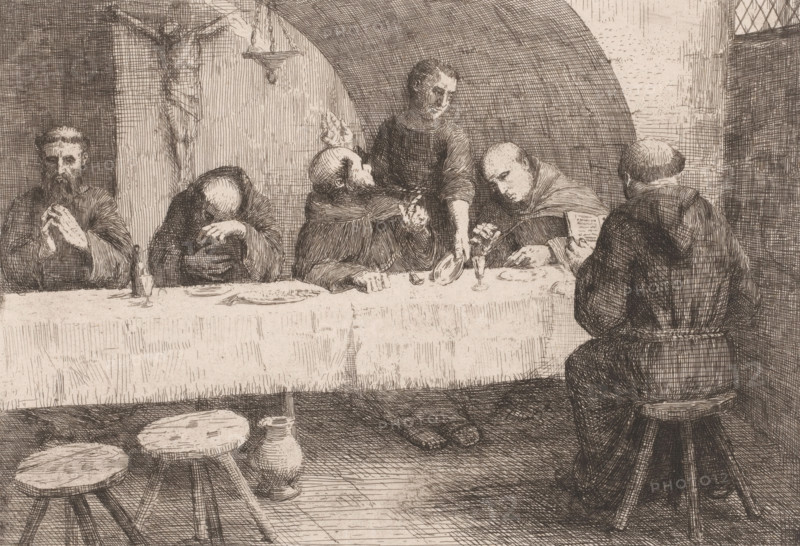 Le réfectoire, Refectory with praying monks, print, printmaker: Alphonse Legros, France, printer (person): Delâtre, Paris, publisher: Cadart & F. Chevalier, A., 1863, printer (person), paper, etching, intaglio printmaking technique, height 239 mm x width 328 mm, Published in: Société des Aquafortistes, 1863., one person praying, refectory, monastery, A long table draped with a plain cloth stretches across the scene with several seated figures wearing simple robes and hoods around it; one figure sits on a stool at the near right with their back to the viewer, another leans forward with hands near their face, and others sit along the far side in varied postures including one who appears to be holding a small object while looking toward a standing attendant. The standing attendant, dressed in a darker tunic, reaches toward the table and interacts with the seated figures. On the table lie plates and a few small vessels, with a narrow candle in a holder near the center. The room has an arch...