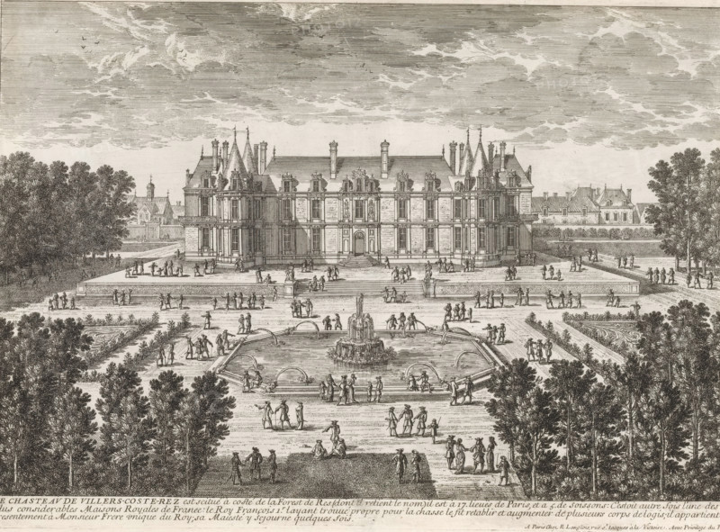 Le Chasteau, View of Château de Villers-Cotterêts, Cityscapes and landscapes in France and Italy, Recueil de vues de monuments de Paris, des principales résidences royales et des principales châteaux de France et de Rome, print, album page, Series number, 111, 132, Print is part of an album., printmaker: Gabriel Perelle, printmaker: Adam Perelle, printmaker: Nicolas Perelle, publisher: Nicolas Langlois (I), Paris, grantor of privilege: Louis Langlois (II), Louis XIV (king of France), France, paper, etching, height 220 mm x width 307 mm, Prints with the signature 'Perelle' may have been made by either father Gabriel or sons Nicolas and Adam. The publishers father and son Nicolas Langlois are both listed as N. Langlois at the same address., garden fountain, landscape with tower or castle, French or architectonic garden, formal garden, Villers-Cotterêts, Château de Villers-Cotterêts, A detailed engraving shows a large ornate stone chateau with a symmetrical façade, steep pitched roofs, ch...