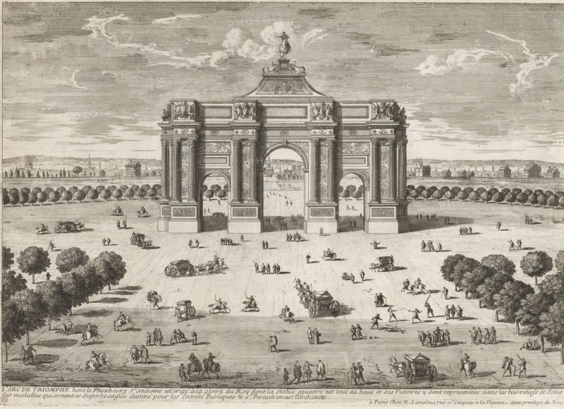 The Arc of Triumph, View of the Arc de Triomphe du Carrousel, Collection of views of monuments in Paris, the principal royal residences and the principal castles of France and Rome, Cityscapes and landscapes in France and Italy, print, album page, Series number, 23, 132, Print is part of an album., printmaker: Adam Perelle, publisher: Nicolas Langlois (I), Paris, grantor of privilege: Louis XIV (King of France), France, 1670 - 1695, paper, etching, height 198 mm x width 282 mm, Prints with the signature 'Perelle' could have been created by either father Gabriel or sons Nicolas and Adam. The publishers, father and son Nicolas Langlois, are both listed as N. Langlois at the same address., triumphal arch, Arc de Triomphe du Carrousel, A large ornate triumphal arch stands at the center with three arched openings flanked by decorated columns and sculptural reliefs, a statue atop its roof, and detailed ornamental panels; in front and around the arch an open plaza is populated by numerous sma...