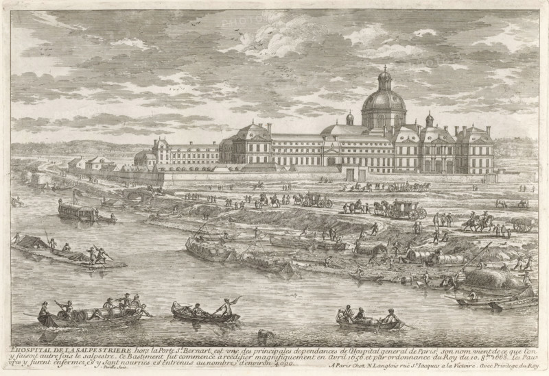 View of the Hôpital de la Salpêtrière from the Seine, L'Hospital de la Salpestriere, Cityscapes and landscapes in France and Italy, Collection of views of monuments in Paris, the principal royal residences and the principal castles of France and Rome, print, album page, Series number, 31, 132, Print is part of an album., printmaker: Gabriel Perelle, publisher: Nicolas Langlois (I), Paris, grantor of privilege: Louis XIV (King of France), France, 1677 - 1695, Gabriel Perelle, Nicolas Langlois (I), Louis XIV (King of France), printmaker, publisher, grantor of privilege, paper, etching, height 204 mm x width 297 mm, Prints with the signature 'Perelle' could have been made by either father Gabriel or sons Nicolas and Adam. The publishers father and son Nicolas Langlois are both listed as N. Langlois at the same address., hospital, city-view, and landscape with man-made constructions, Hôpital de la Salpêtrière, A wide riverside scene rendered in fine monochrome lines shows a large classical...
