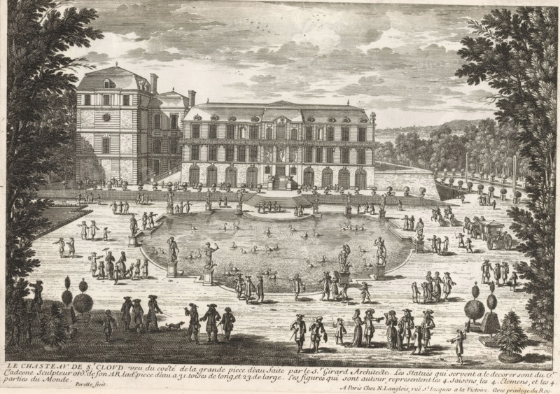 View of the Castle of Saint-Cloud with pond, Le Chasteau de St. Cloud vue du costé de la grande piece d'eau, Cityscapes and landscapes in France and Italy, Recueil de vues de monuments de Paris, des principales résidences royales et des principales châteaux de France et de Rome, print, album page, Series number, 44, 132, Print is part of an album., printmaker: Gabriel Perelle, printmaker: Adam Perelle, printmaker: Nicolas Perelle, publisher: Nicolas Langlois (I), Paris, publisher: Nicolas Langlois (II), grantor of privilege: French crown, France, 1613 - 1707, Gabriel Perelle, Adam Perelle, Nicolas Perelle, Nicolas Langlois (I), Nicolas Langlois (II), French crown, publisher, grantor of privilege, paper, etching, height 218 mm x width 308 mm, Prints with the signature 'Perelle' may have been made by either father Gabriel or sons Nicolas and Adam. The publishers father and son Nicolas Langlois are both listed as N. Langlois at the same address., landscape with tower or castle, castle, ga...