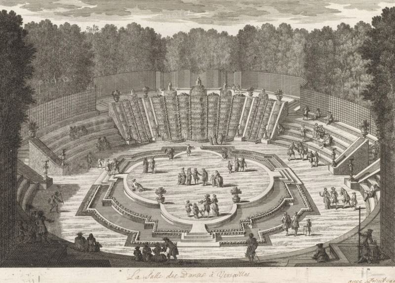 La Salle des Danses à Versailles, View of the ballroom in the garden of Versailles, Cityscapes and landscapes in France and Italy, Recueil de vues de monuments de Paris, des principales résidences royales et des principales châteaux de France et de Rome, print, album page, Series number, 61, 132, Print is part of an album., printmaker: Gabriel Perelle, printmaker: Nicolas Perelle, printmaker: Adam Perelle, publisher: Nicolas Langlois (I), Paris, grantor of privilege: Louis Langlois (I), Louis XIV (King of France), France, paper, etching, proof print, height 219 mm x width 311 mm, Prints with the signature 'Perelle' may have been made by either father Gabriel or sons Nicolas and Adam. The publishers father and son Nicolas Langlois are both listed as N. Langlois at the same address., garden fountain, French or architectonic garden, formal garden, Versailles, Garden of Versailles, Salle de Bal, A large formal terrace with concentric stone balustrades and an oval central platform occupies ...