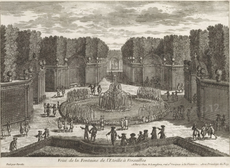 View of the Fontaine de l'Étoile at Versailles, View of the Bosquet de l'Étoile at Versailles, Cityscapes and landscapes in France and Italy, Collection of views of monuments in Paris, the principal royal residences and the principal castles of France and Rome, print, album page, Series number, 63, 132, Print is part of an album., printmaker: Gabriel Perelle, printmaker: Nicolas Perelle, printmaker: Adam Perelle, publisher: Nicolas Langlois (I), Paris, grantor of privilege: Louis XIV (King of France), France, 1664 - 1703, paper, etching, height 220 mm x width 305 mm, Prints with the signature 'Perelle' may have been made by either father Gabriel or sons Nicolas and Adam. The publishers father and son Nicolas Langlois are both listed as N. Langlois at the same address., garden fountain, French or architectonic garden, formal garden, Versailles, Garden of Versailles, A wide formal garden scene rendered in a detailed monochrome engraving showing a central circular fountain area with multi...