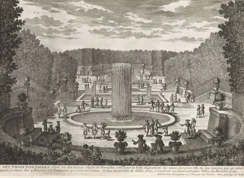 View of the three fountains of Versailles, Les trois fontaines, Collection of views of monuments of Paris, the principal royal residences and the principal castles of France and Rome, Cityscapes and landscapes in France and Italy, print, album page, Series number, 64, 132, Print is part of an album., printmaker: Gabriel Perelle, publisher: Nicolas Langlois (I), Paris, grantor of privilege: Louis XIV (King of France), France, 1677 - 1703, paper, etching, height 220 mm x width 306 mm, Prints with the signature 'Perelle' could have been made by both father Gabriel and sons Nicolas and Adam. The publishers father and son Nicolas Langlois are both listed as N. Langlois at the same address., garden fountain, French or architectonic garden, formal garden, Versailles, Garden of Versailles, A wide engraved scene shows a formal garden with a large central circular fountain spraying tall vertical jets, surrounded by geometric basins and terraces. Stone balustrades and urns with plants line the st...