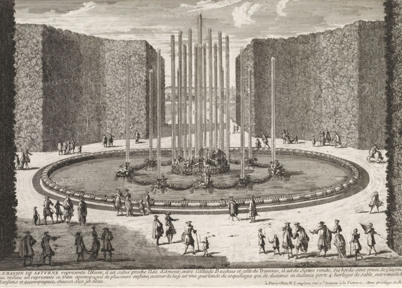 View of the Fountain of Saturn, Le bassin de Saturne represente l'Hiver, Cityscapes and landscapes in France and Italy, Collection of views of monuments of Paris, the principal royal residences and the principal castles of France and Rome, print, album page, Series number, 71, 132, Print is part of an album., printmaker: Gabriel Perelle, printmaker: Nicolas Perelle, printmaker: Adam Perelle, publisher: Nicolas Langlois (I), Paris, grantor of privilege: Louis XIV (King of France), France, 1672 - 1703, Gabriel Perelle, Nicolas Perelle, Adam Perelle, Nicolas Langlois (I), Louis XIV (King of France), publisher, grantor of privilege, paper, etching, height 212 mm x width 302 mm, Prints with the signature 'Perelle' could have been made by either father Gabriel or sons Nicolas and Adam. The publishers father and son Nicolas Langlois are both listed as N. Langlois at the same address., winter, 'Hyems', 'Inverno' (Ripa), garden fountain, French or architectonic garden, formal garden, (story of)...