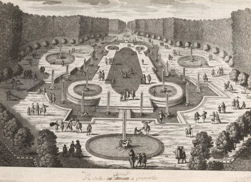 La Salle de Conseil à Versailles, View of the Salle de Conseil at Versailles, Recueil de vues de monuments de Paris, des principales résidences royales et des principales châteaux de France et de Rome, Cityscapes and landscapes in France and Italy, print, album page, Series number, 73, 132, Print is part of an album., printmaker: Gabriel Perelle, printmaker: Nicolas Perelle, printmaker: Adam Perelle, publisher: Nicolas Langlois (I), Paris, grantor of privilege: Louis (I), Louis XIV (King of France), France, paper, etching, proof print, height 224 mm x width 309 mm, Prints with the signature 'Perelle' may have been made by either father Gabriel or sons Nicolas and Adam. The publishers father and son Nicolas Langlois are both listed as N. Langlois at the same address., garden fountain, French or architectonic garden, formal garden, Versailles, Garden of Versailles, A detailed black and white engraving shows a formal garden with symmetrical walkways, low stone terraces, circular pools wit...