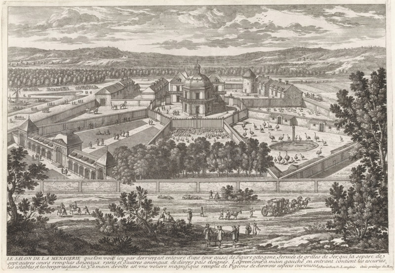 View of the Menagerie of Versailles, The Salon of the Menagerie, Collection of views of monuments in Paris, the principal royal residences and the principal castles of France and Rome, Cityscapes and landscapes in France and Italy, print, album page, Series number, 79, 132, Print is part of an album., printmaker: Gabriel Perelle, printmaker: Adam Perelle, printmaker: Nicolas Perelle, publisher: Nicolas Langlois (I), Paris, grantor of privilege: Louis XIV (King of France), France, 1664 - 1703, paper, etching, height 208 mm x width 298 mm, Prints with the signature 'Perelle' could have been made by either father Gabriel or sons Nicolas and Adam. The publishers father and son Nicolas Langlois are both listed as N. Langlois at the same address., garden fountain, French or architectonic garden, formal garden, zoological garden, zoo, seen as a place where non-domestic animals are kept, Versailles, Garden of Versailles, A detailed black and white engraving shows a large enclosed estate with a...