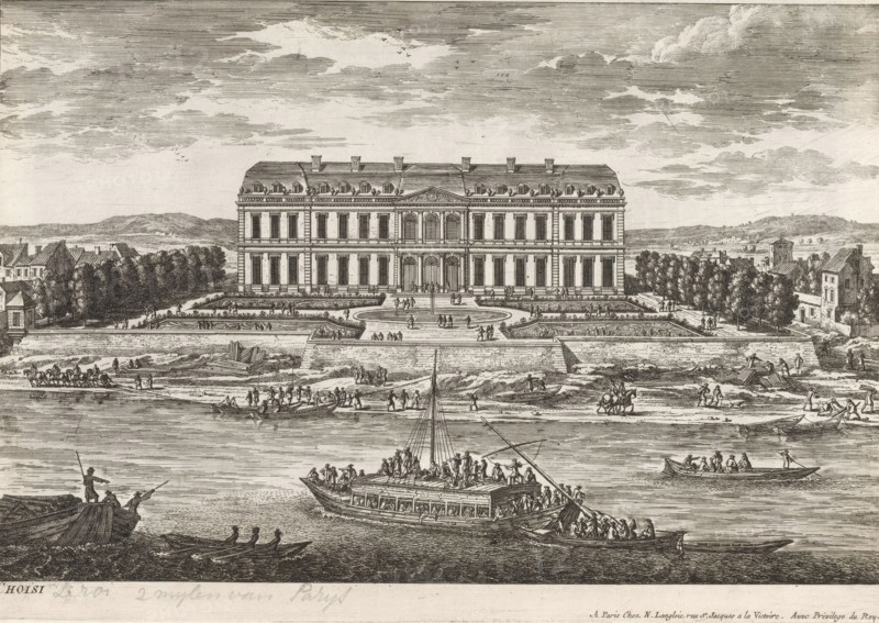 Choisi, View of Château de Choisy, Collection of views of monuments in Paris, the principal royal residences and the principal castles of France and Rome, Cityscapes and landscapes in France and Italy, print, album page, Series number, 91, 132, Print is part of an album., printmaker: Gabriel Perelle, printmaker: Adam Perelle, printmaker: Nicolas Perelle, publisher: Nicolas Langlois (I), Paris, grantor of privilege: Louis XIV (King of France), France, 1650 - 1695, paper, etching, height 217 mm x width 310 mm, Prints with the signature 'Perelle' could have been made by either father Gabriel or sons Nicolas and Adam. The publishers father and son Nicolas Langlois are both listed as N. Langlois at the same address., landscape with tower or castle, French or architectonic garden, formal garden, Château de Choisy, A detailed engraving shows a large three-story classical building with a central pedimented section, rows of tall windows, and a mansard roof with dormer windows, set behind formal...