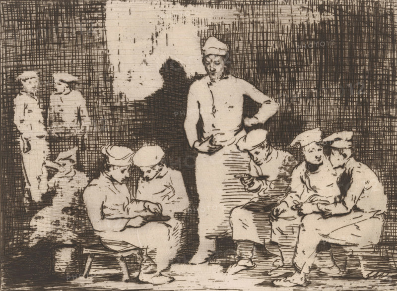 Le dejeuner des cuisiniers, Dark interior with group of chefs eating, print, Numbered bottom left: 5., printmaker: Théodule Augustin Ribot, printer (person): Delâtre, Paris, c. 1860 - c. 1870, printer (person), paper, etching, drypoint, intaglio printmaking technique, drypoint and plate tone, proof, height 238 mm x width 318 mm, breakfast, cook, A sepia-toned drawing shows a group of seated figures wearing simple caps and loose clothing gathered around a standing figure who wears a tall cap and an apron, one hand on their hip and the other gesturing toward the seated people. The seated figures hold small bowls or plates and spoons, their heads bowed or turned toward their bowls. In the background a darker area with crosshatched lines forms a textured wall, and two additional standing figures appear to the left, partially outlined against the wall. The floor and furnishings are sketched with horizontal and vertical hatch marks, and the overall image is composed of fine lines and crossha...