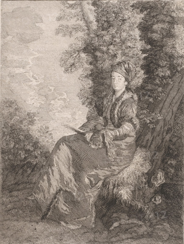 Portrait of a dreamy woman with a fan, print, printmaker: Pierre Alexandre Aveline, France, after design by Jean Antoine Watteau, publisher: Edme François Gersaint, 1712 - 1760, paper, etching, intaglio printmaking technique, height 278 mm x width 195 mm, fan, sitting on an elevation - AA - female human figure, A monochrome engraved scene shows a seated figure wearing a headwrap and a long, fur-trimmed coat, positioned against a backdrop of dense foliage and tree trunks; the figure's hands rest in their lap holding a slender object, and their face is turned slightly toward the viewer with a calm expression; layered leaves and branches fill the upper right area while crosshatched sky and distant vegetation occupy the left, and textured fabric and fur details drape around the figure down to the foreground where the ground and rock textures are rendered.