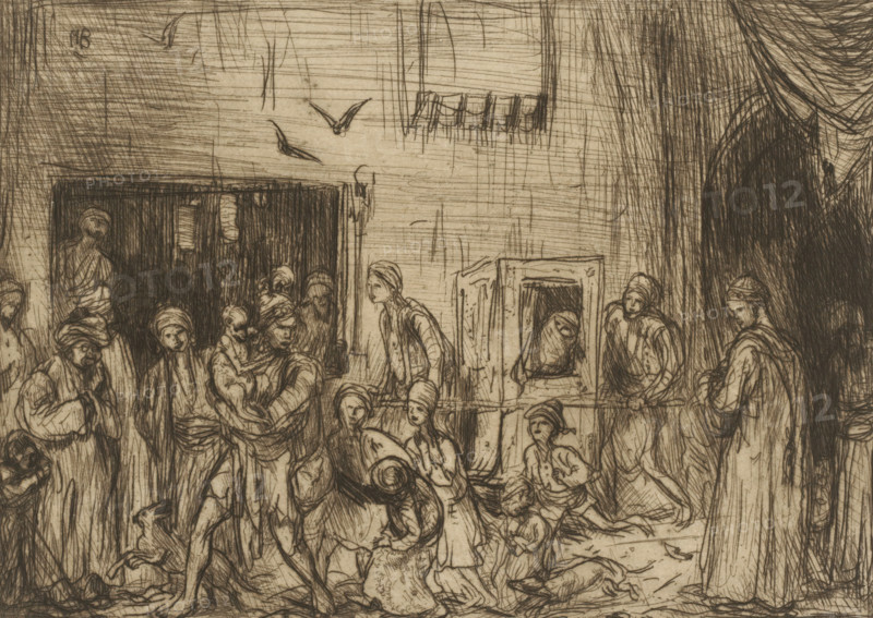 Woman in sedan chair, print, A veiled woman is being carried down the street in a sedan chair by two men. There are several men and boys on the street. One of the men is holding a monkey in his arms., printmaker: Marius Bauer (signed by artist), 1889, paper, etching, intaglio printmaking technique, etching with plate tone, height 148 mm x width 197 mm, monkeys, apes, (carrying a person on a) litter, stretcher, A densely hatched pen-and-ink scene shows a crowded interior with many figures wearing robes and headwraps gathered around a central area; some figures stand while others kneel or sit, and one person cradles a small child against their chest. Architectural elements include a tall arched opening at the right, a curtained or recessed doorway at the left, and a rectangular framed structure near the center. Birds are sketched in flight in the upper space, and various draped fabrics and bundled objects lie among the people. The drawing uses fine, overlapping lines and crosshatching to...