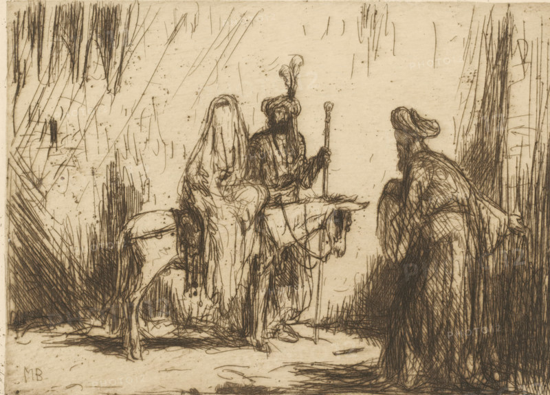 Man welcomes visitors, print, A veiled woman on a donkey, next to her a standing man. To their right a standing man beckoning them to come closer., printmaker: Marius Bauer (signed by artist), 1901, paper, etching, intaglio printmaking technique, etching with plate tone, height 129 mm x width 175 mm, ass, donkey, being welcomed, travelling, A sepia-toned etching shows three robed figures and a donkey amidst tall, vertical strokes suggesting vegetation; two figures sit on the donkey, one draped with a long veil and flowing garments, the other wearing a turban with a tall feather and holding a slender staff, while a third robed figure with a turban stands facing them with a hand extended; the scene is rendered in fine, sketch-like lines with dense crosshatching on clothing and background, and the ground beneath them appears textured with scattered short lines.