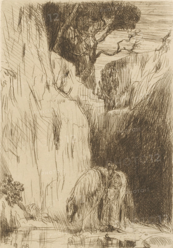 At the source, print, A man lets his horse drink at a spring. In the background a cliff on which a few trees grow., printmaker: Marius Bauer (signed by artist), 1899, paper, etching, intaglio printmaking technique, etching with plate tone, height 176 mm x width 128 mm, drinking, horse, spring, source of river or stream - HH - ideal landscapes, A sepia-toned etching shows a rocky cliff face with jagged ledges and overhanging dark foliage at the top, rendered with dense crosshatching and fine line work; near the lower center a hunched human figure draped in long, tattered robes leans forward, head bowed and hair hanging, with loosely sketched hands and feet partially visible; surrounding the figure are vertical striations and textured shadows suggesting rock surfaces and deep recesses, while sparse, scribbled vegetation appears on ledges and at the cliff edges, and a darker mass of closely hatched shading forms a deep chasm to the right.