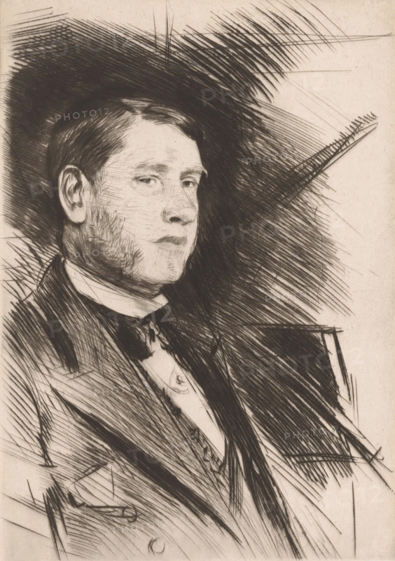 Portrait of John Postle Heseltine, print, annotation: '2', printmaker: Paul César Helleu (signed by artist), 1869 - 1927, paper, drypoint, intaglio printmaking technique, height 284 mm x width 203 mm, Person, John Postle Heseltine, historical persons, portrait, self-portrait of painter, art collector, A monochrome sketch of a man shown from the chest up seated in a three-quarter profile facing right, with short hair combed to the side, a clean-shaven jaw with subtle stubble, a contemplative expression, and slightly downturned lips; he wears a dark jacket over a light shirt and a bow tie, and the background and figure are rendered with dense, energetic crosshatched lines creating areas of deep shadow and textured highlights.