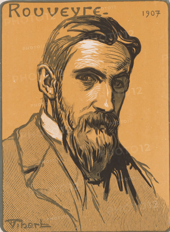 Rouveyre, Portrait of André Rouveyre, print, printmaker: Pierre-Eugène Vibert (signed by artist), 1907, paper, color woodcut, height 359 mm x width 282 mm, Person, André Rouveyre, historical persons, portrait, self-portrait of painter, portrait of a writer, A detailed stylized portrait of a bearded man shown from the shoulders up against a plain background, with closely drawn lines defining his hair, eyebrows, eyes, nose, mustache, and long beard, and wearing a collared shirt and jacket.
