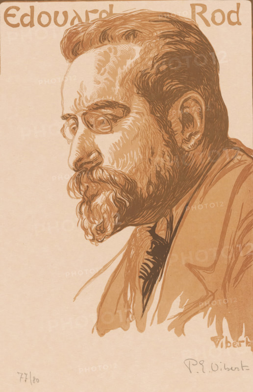 Portrait of Édouard Rod, Edouard Rod, print, printmaker: Pierre-Eugène Vibert (signed by artist), 1885 - 1937, paper, color woodcut, height 366 mm x width 263 mm, Person, Édouard Rod, historical persons, portrait of a writer, A sepia-toned drawing of a man shown in profile facing left, with a full beard and mustache, short combed hair, and a visible ear; he wears small round glasses and a suit jacket with a shirt and dark tie, and the image features detailed linework and shading emphasizing the contours of his face, hair, and clothing on a plain light background.