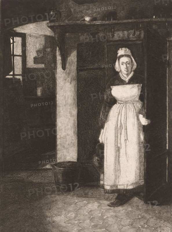 La Sortie de cave., Maid in a doorway, Dix Eaux-fortes, dessinées et gravées by F. Bonvin, Peintre, print, printmaker: François Bonvin, publisher: Alfred Cadart, Paris, 1874 - 1887, paper, etching, stippelwerk, intaglio printmaking technique, height 271 mm x width 201 mm, Part of a ten-part series, published by Cadart in Paris in 1861 and in London in 1871., kitchen-maid, kitchen servant, basement, cellar, A monochrome scene of an interior showing a woman standing in a doorway wearing a dark bodice and a light apron tied at the waist with a ribbon, a light cap on her head, and dark shoes; she holds the door edge with one hand and a small object is visible near her other hand by her side. To her left a large vertical beam or pillar rises from floor to ceiling beneath a shelf holding small vessels and a bowl. In the darker background a window with panes and a ledge is visible, along with shelving and indistinct shapes. A wooden bucket sits on the floor near the base of the pillar, and a ...