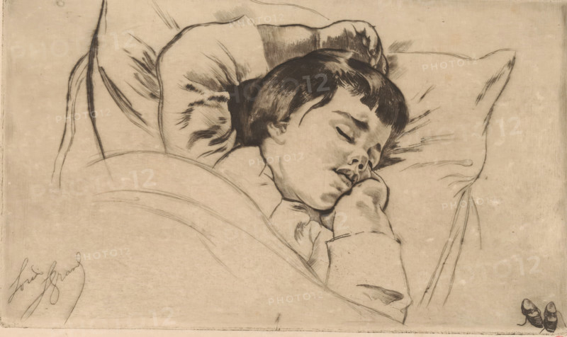 Sleeping child, Bertrand dort de face, print, printmaker: Louis Legrand (signed by artist), France, 1873 - 1951, paper, etching, drypoint, engraving, intaglio printmaking technique, height 154 mm x width 261 mm, child (at home), sleeping in bed, A monochrome drawing of a child lying in bed with eyes closed and head resting on a pillow, dark hair framing the face, one hand tucked under the cheek and the other near the chest, soft shading and fine lines showing the pillow folds and blanket contours, a pair of small shoes placed near the foot of the bed, and a signature visible in a corner.