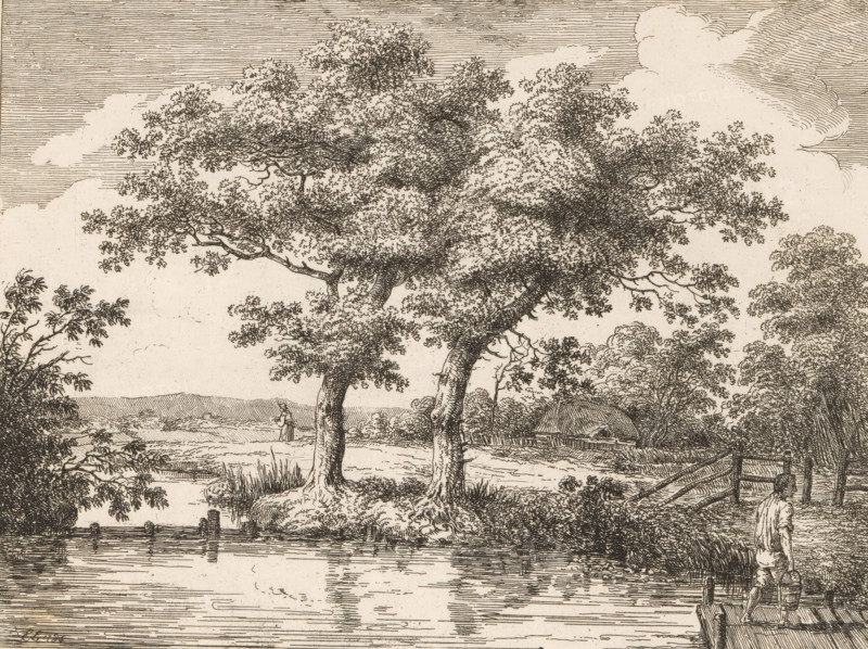 Landscape with figures by a river, Etchings by E. Edwards, print, album page, Series number, 23, 51, Numbered: 23. Print is part of an album., printmaker: Edward Edwards, 1786, 1790, paper, etching, pasted on album page, height 168 mm x width 222 mm, Print is part of a series of 51 prints, consisting of two parts with landscapes (36 prints) and figures and portraits (15 prints), first published in London in 1790., landscapes (landscape with figures, staffage), dry river, river bed (landscape with figures, A detailed monochrome landscape shows a riverside scene with large leafy trees occupying the center, their textured foliage and gnarled trunks rendered with fine lines. A calm body of water fills the foreground, reflecting the nearby shoreline and tree forms. A wooden jetty extends into the water at the lower right where a barefoot figure stands carrying buckets on a yoke. Grassy banks, reeds, and small bushes line the water’s edge. In the midground a small thatched structure sits amo...